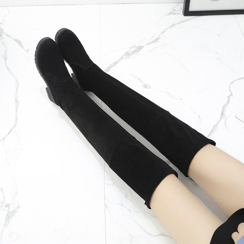 Мода 2024 Весна Осень Новые Модные Тонкие Толстые Высокие Каблуки Флок Женские Сапоги Выше Колена Длинные Современные Эластичные Сапоги Зимние Плюшевые Внутри