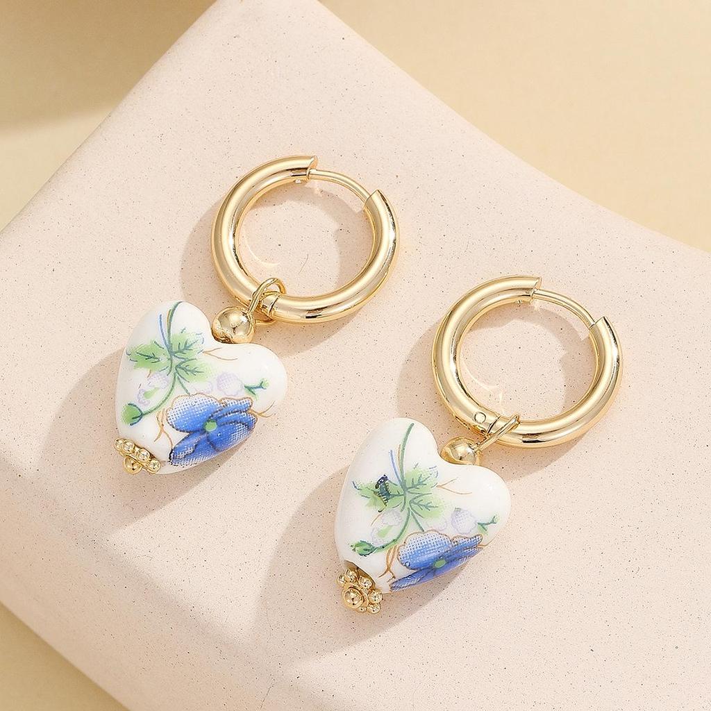 Сердечные каффы для ушей в стиле сине-белого фарфора - Серьги из нержавеющей стали и керамики