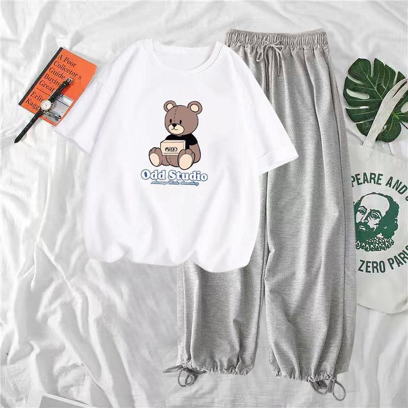 Модный повседневный спортивный костюм с коротким рукавом «Маленький медвежонок», женские повседневные широкие брюки, летний свободный спортивный костюм из двух частей