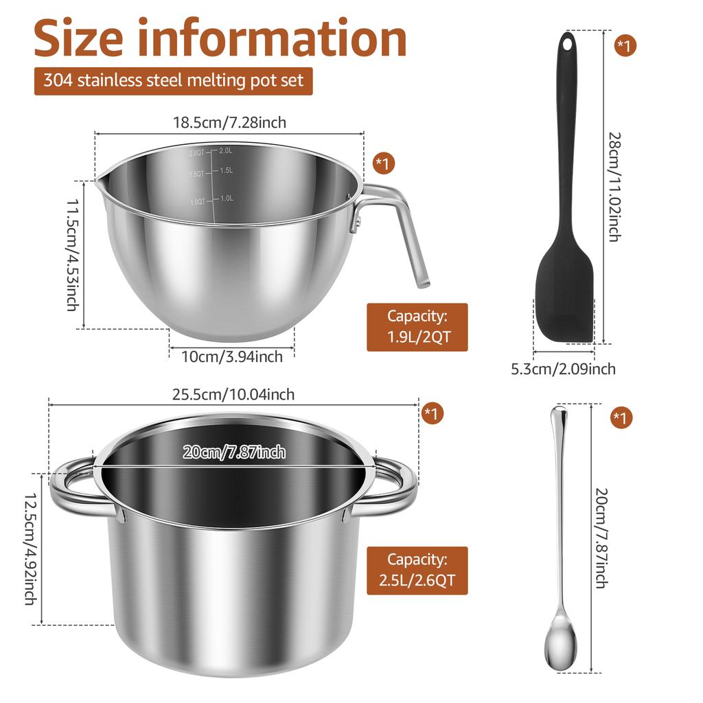 Double Boiler Pot Stainless Steel Candle Wax Melting Boiler Pot W/ Spatula for Melting Chocolate Candy and Candle Making Supplie