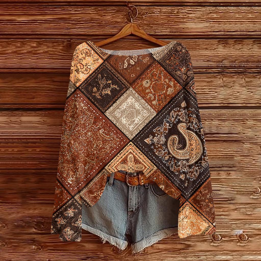 Women's Lightweight Sweater Casual Long Sleeve Knitted Vintage Floral Print Pullover