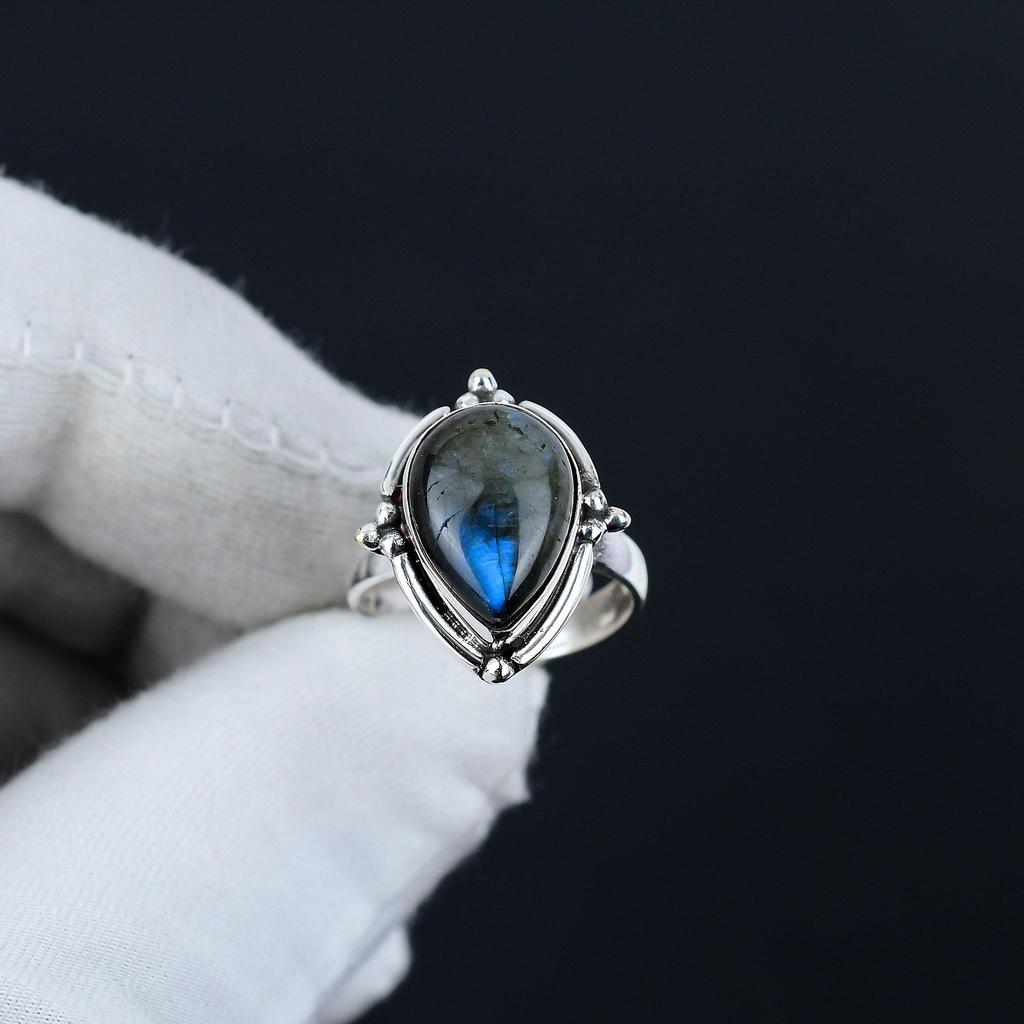 Кольцо из натурального лабрадорита, регулируемое, из стерлингового серебра 925 пробы — подходит для размеров США от 6 до 10 — украшения ручной работы в стиле бохо для женщин и мужчин, подарки на День святого Валентина