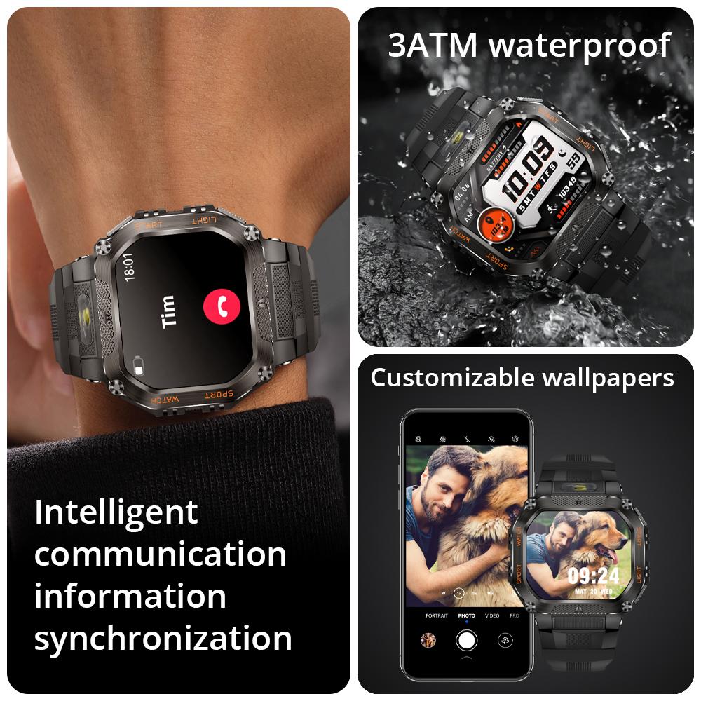 HT34 Smart Watch Men Bluetooth Call Outdoor Rugged Smartwatch 3ATM IP68 Waterproof Flashlight Sports Fitness Watches