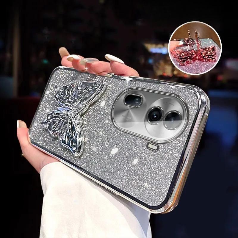 3D Butterfly Phone Holder Crystal Bracelet Glitter Plating Case for OPPO Reno 11 10 8 7 Pro 4G 5G Cover