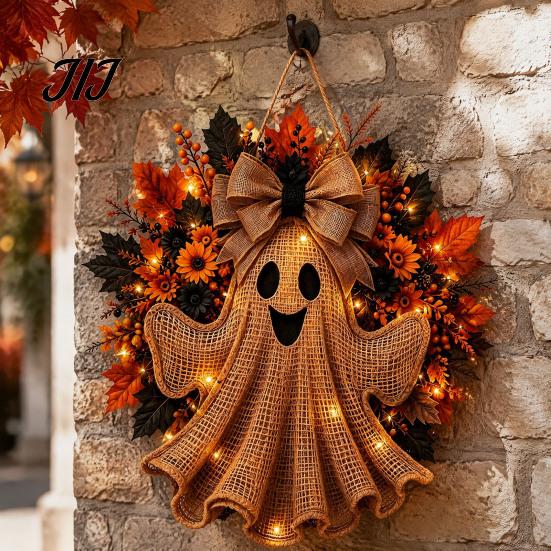 Decorative Wreath for Fireplace Rustic Halloween Ghost Front Door, Farmhouse Burlap Hanging Door with Maple Leaves, Sunflowers Porch Wall Indoor