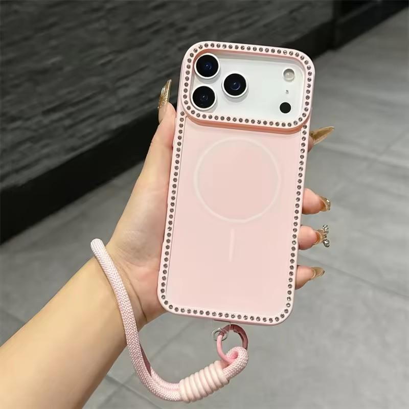 Модный Чехол-шнурок с блестками и стразами для iPhone 17 Pro Max Air 15 16 14 Plus 11 12 13 Магнитный Ремешок на Руку/Запястье Мягкая Крышка