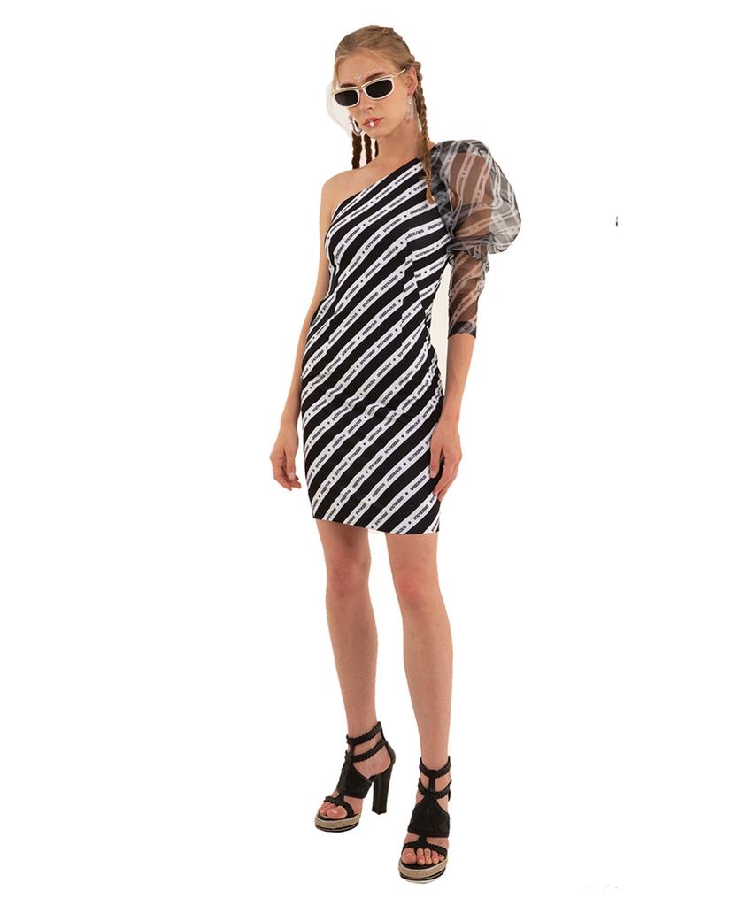 GREEDILOUS Diagonal Line Asymmetrical Puff Sleeve Dress
