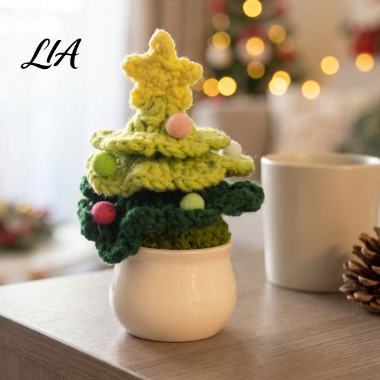 Crocheted Christmas Potted Ornaments Hand Crochet Tree, Creative Knitted Plant, Mini Unique Gifts for Coworkers Cute Home Desktop Decorations, Friends