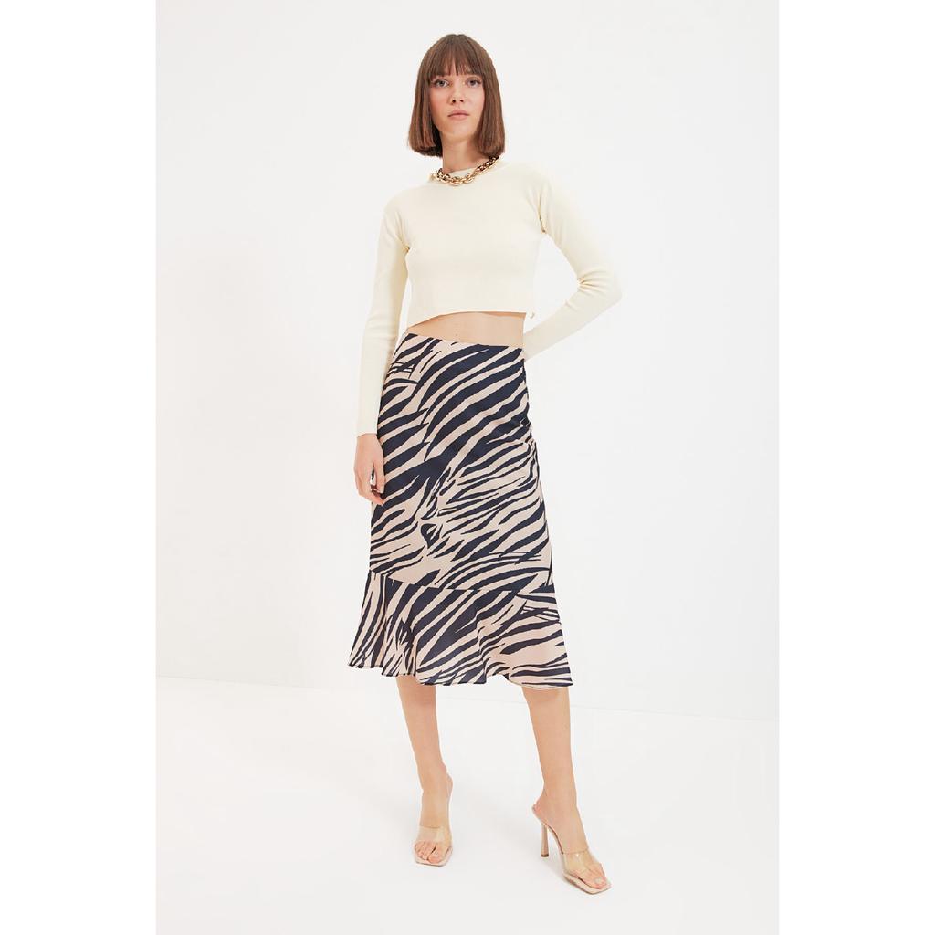Pink Midi Knitted Skirt With Flounce Animal Pattern Skirt Twoaw20et0241