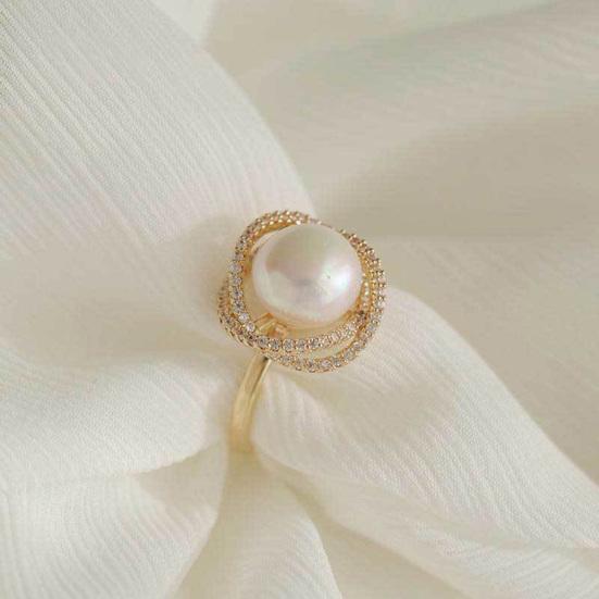 Crossed Bling Rhinestone Elegant Open Adjustable High Gloss Faux Pearl Finger Ring Jewelry