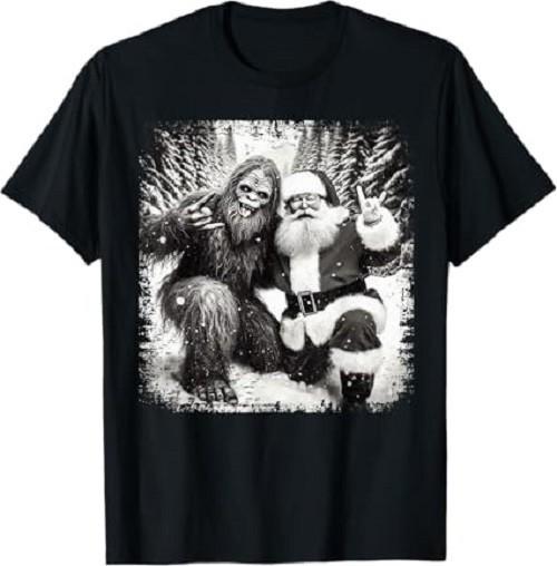 Santa with Bigfoot Christmas Lights Funny Sasquatch Believe T-Shirt