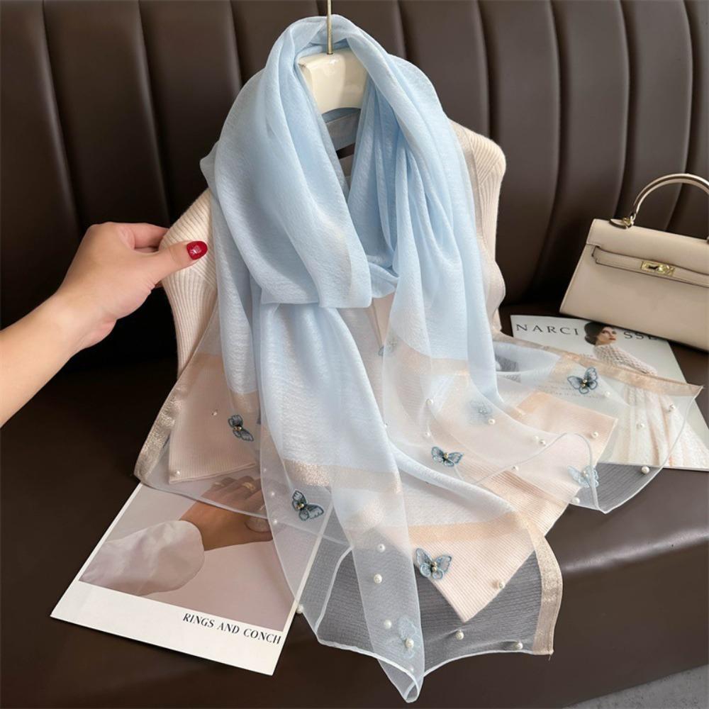 Thin Butterfly Embroidery Scarf Pearl Women Hijab Shawls Elegant Silk Scarf Lady