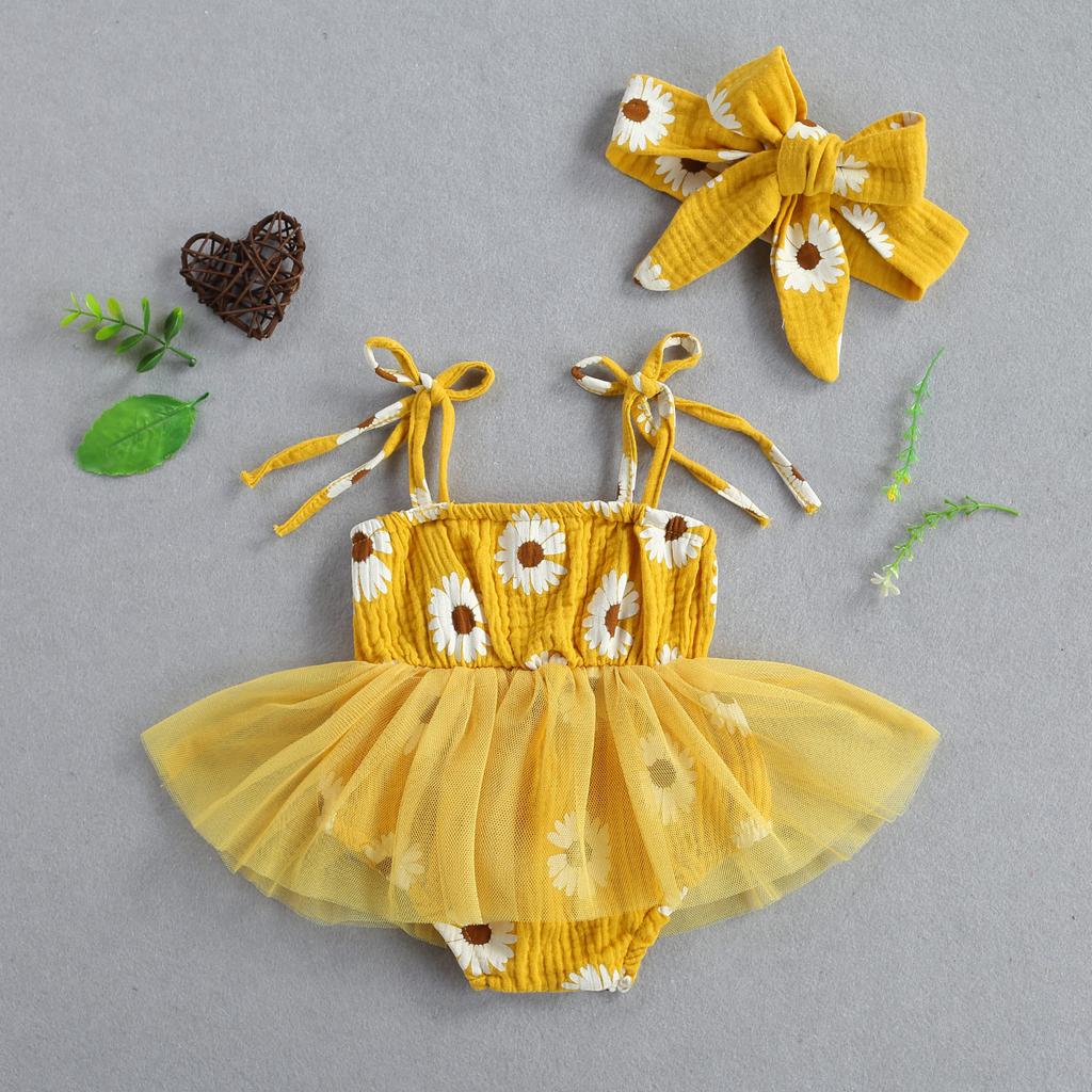 Комбинезон на шнуровке для девочек с подвязками и принтом в виде свежей ромашки, сетчатая пряжа, комбинезон и повязка на голову
