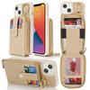 For iPhone 14/13 Case with Zipper Pouch/Ring Kickstand/Strap Litchi Texture PU+TPU Phone Cover