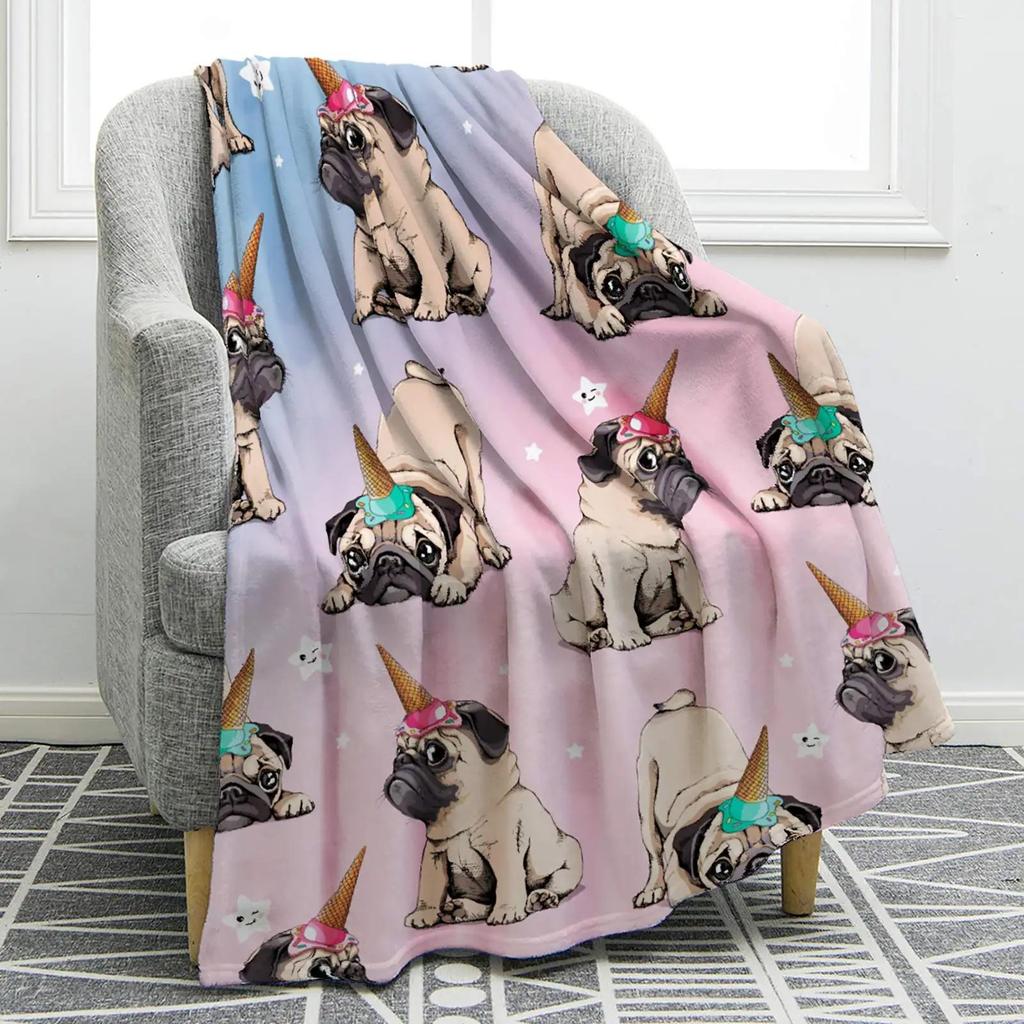 Pug Dog Blanket Lovey Animal Soft Warm Fall Chair Flannel Throw Blankets Cartoon Pet Puppy Print Bed Sofa Blanket King Queen