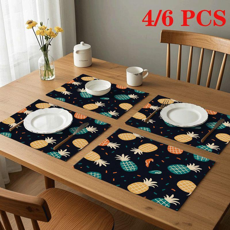 4pcs/6pcs Rectangular Placemats Suitable for Home & Restaurants - Tropical Pineapple & Bird Print Table Protectors, Heat-Resistant Durable Fabric Tabl