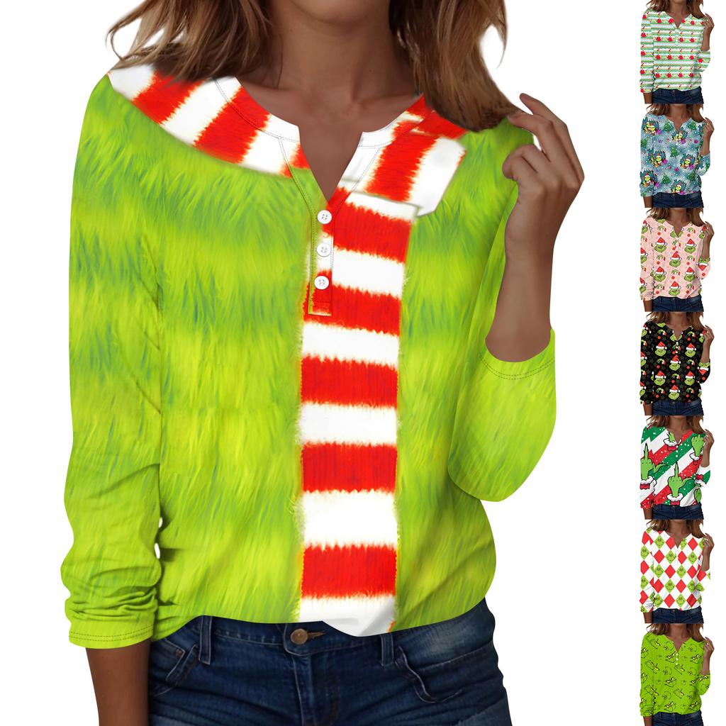 Женская модная повседневная блузка с V-образным вырезом, длинным рукавом и декоративными пуговицами, с рождественским принтом