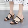 Temperament Lady with Skirt Mid-heel Sandals Woman 2025 New Thick Heel Fashion Sequins Two Wear One-word Buckle Sandals