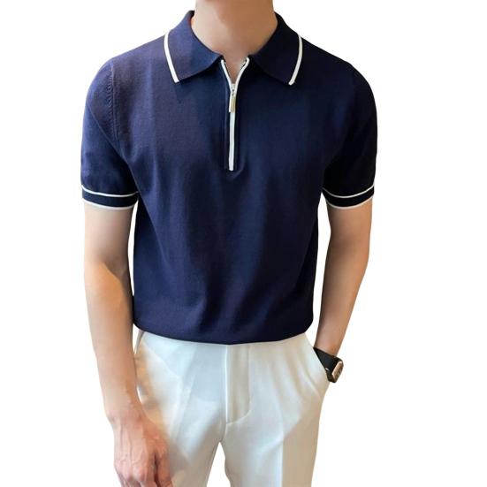 Мужская летняя рубашка, тонкая трикотажная, с коротким рукавом, на молнии, с лацканами, эластичный подол, полосатая, однотонная, свободная рубашка для поездок на работу и путешествий на открытом воздухе