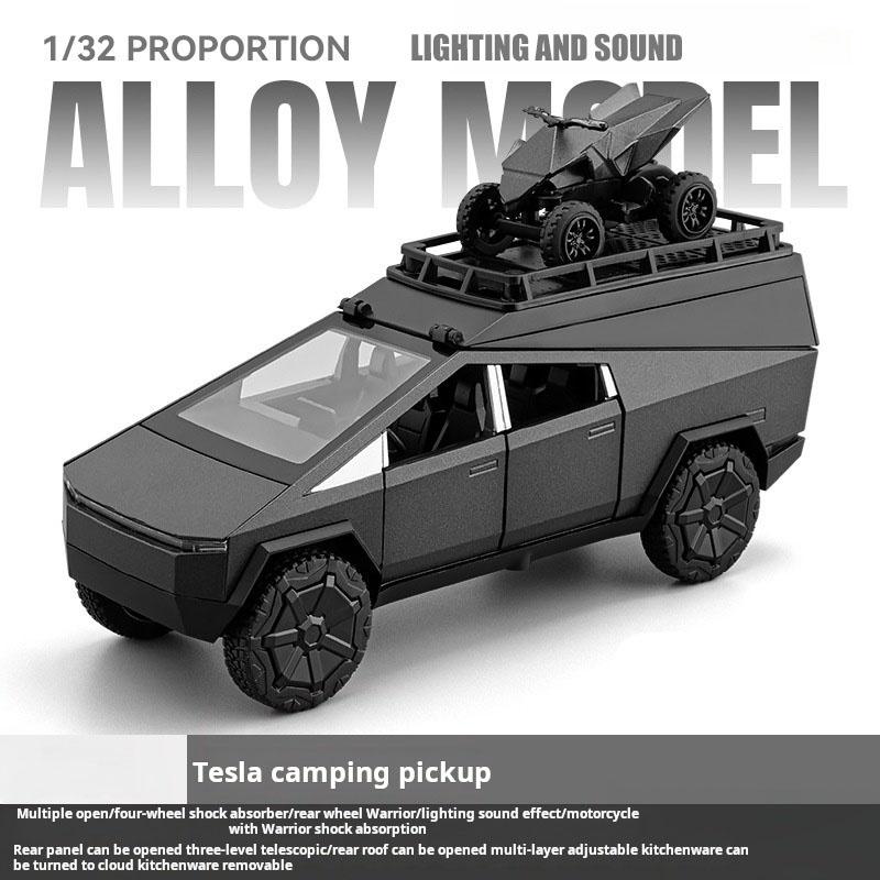 Масштаб 1/24 Пикап Tesla Кемпинг Автодом Модель автомобиля Литой металл Игрушечные транспортные средства Модель автомобиля Звук Свет Коллекция Детская игрушка Подарок