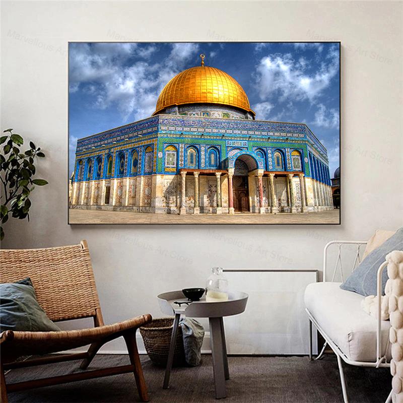 Masjid Al Aqsa and Dome of The Rock Canvas Painting Realist Mosque Posters Prints Muslim Wall Art Pictures for Room Home Decor
