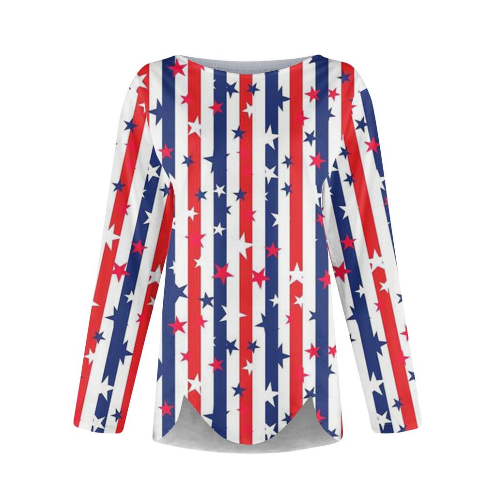 Женская модная повседневная футболка с длинными рукавами и круглым вырезом в честь Дня независимости, нестандартного цвета, футболка с длинными рукавами с принтом, топ