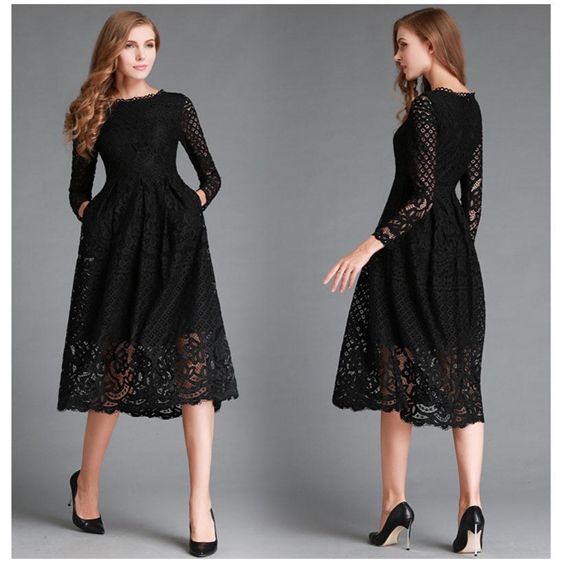 2025 Autumn Women's Lace Hollow Round Neck Slim Dress