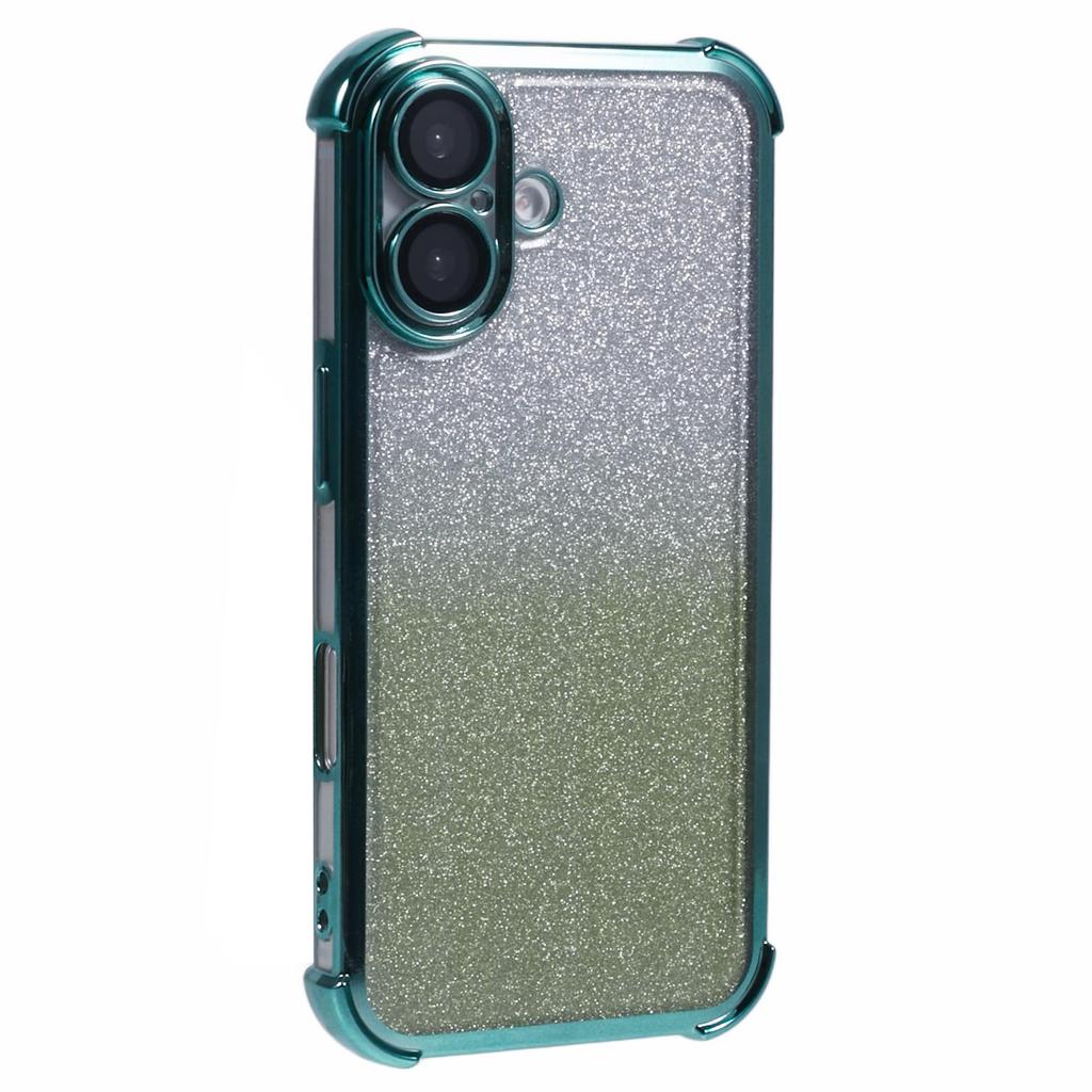 For iPhone 16 Case Electroplating Clear TPU Phone Cover with Lens Film and Glitter Card - Blue
