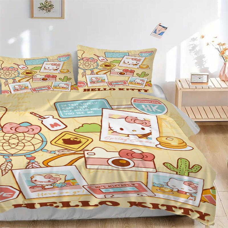 3pcs Hello Kitty's Holiday Quilt Cover Set (1 Quilt Cover + 2 Pillowcases Without Pillow Core), High-Definition Printing for Home and Dormitory.W