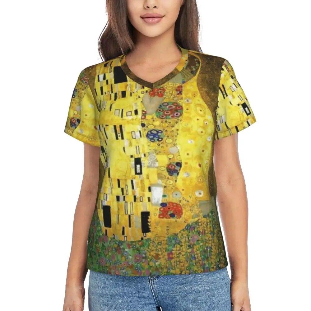 Gustav Klimt T Shirt The Kiss Hip Hop T-Shirts Women V Neck Basic Tops 2024 Beach Short Sleeve Pattern Clothes
