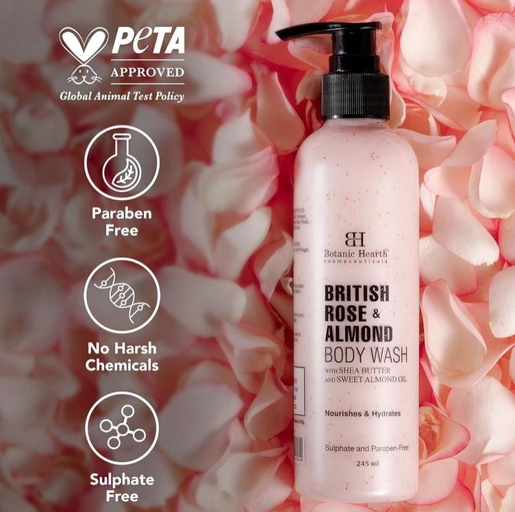 Botanic Hearth British Rose & Almond Body Wash with Shea Butter Smoother Skin, Sulfate & Paraben Free, for Women & Men 245ml