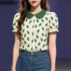 Summer Women Doll Collar Short Sleeve Patchwork Print Buttons Casual Blouse