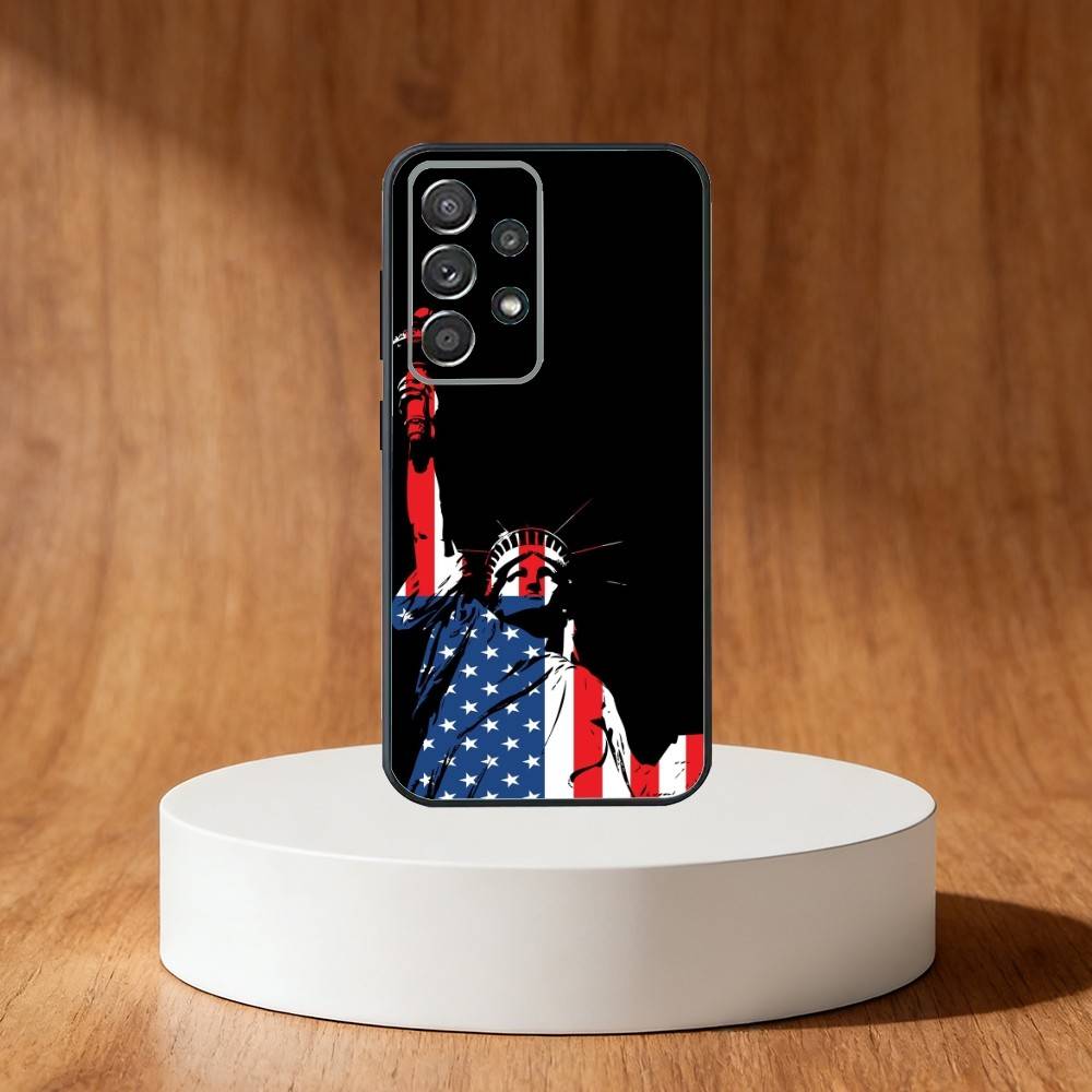America USA Flag S-Statue Liberty Phone Case For Samsung S25,S24,S21,S22,S23,S30,Ultra,S20,Plus,Fe,Note,10,9,5G Black Cover