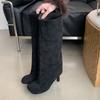 Aneikeh Winter Street Style Round Toe Knee-High Women Boots Punk Thin High Heels Shoes Female Long Booties