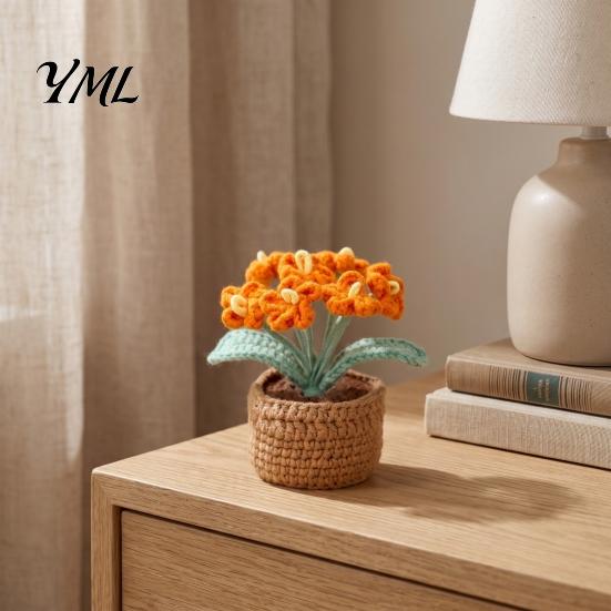 Handmade Knitted Potted Plant Crocheted Flower Plant, Artificial Yarn Ornament, Vibrant Multi-color Cute Desk Ornament for Office Desktop Car