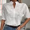 White Blouse Summer Women's Shirt Stand Neck Embroidered Lace Top
