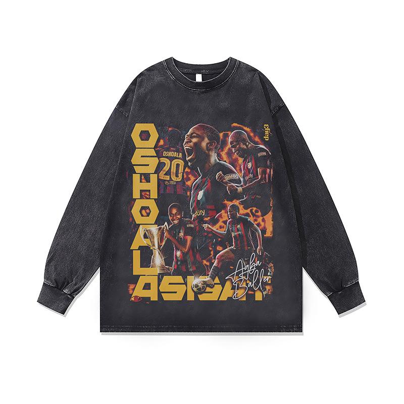 Хип-хоп Рэп Портрет Принт Винтажная Стирка Длинный Рукав Футболка Осень и Зима Свободная Хлопок Круглый Вырез Базовая Футболка Для Мужчин