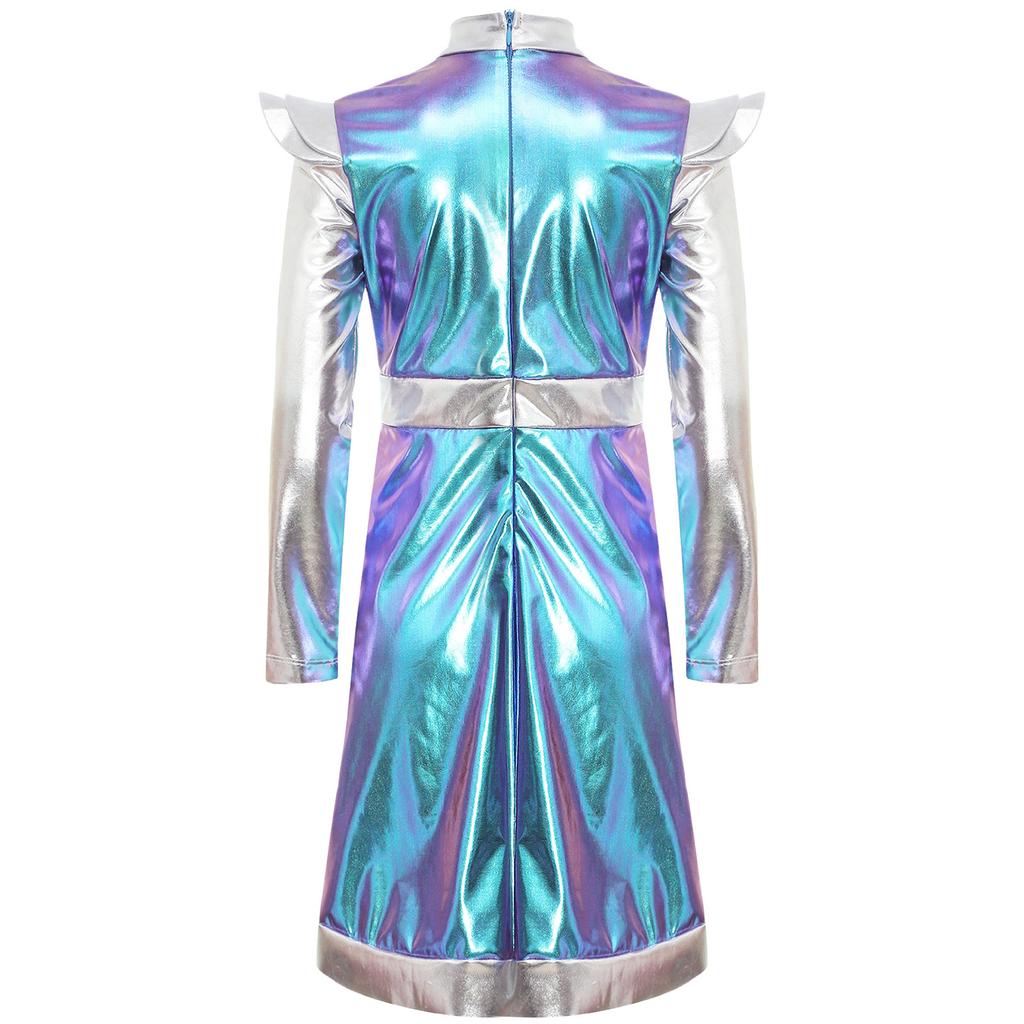 Костюм Космическая Милашка для Девочки: Мерцающее Пэчворк-платье с инопланетным дизайном из ПУ для Хэллоуина и Sci-Fi Ролевых Вечеринок