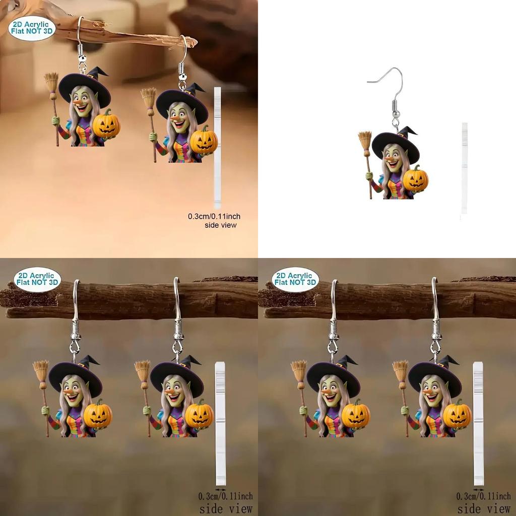 Halloween Theme Witch Broom And Pumpkin Pattern Women Earrings For Women Costume Accessory Gift