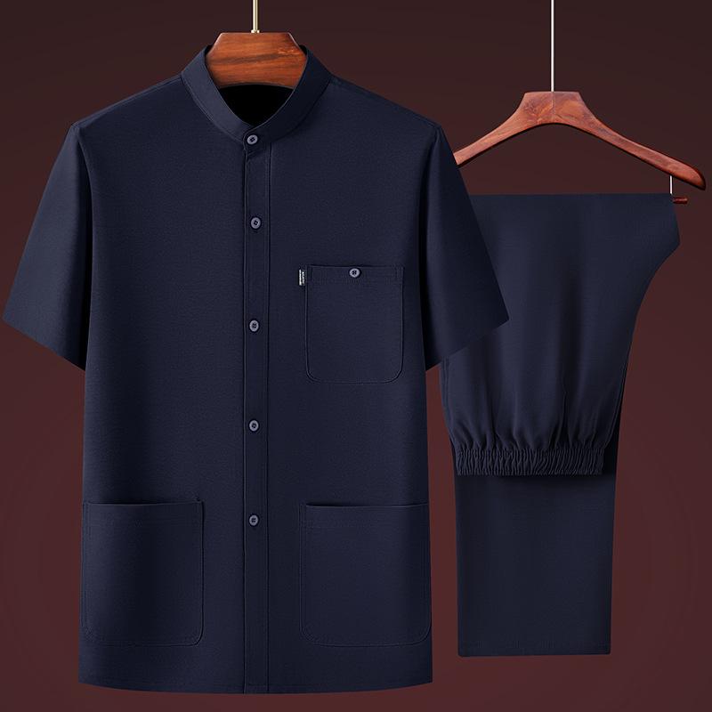 Middle-aged and Elderly Men's Summer Short-sleeved Shirt Stand-up Collar Thin Shirt Trousers Suit