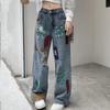 Женские свободные прямые рваные джинсы, модные красочные каракули, широкие джинсовые брюки, женские винтажные синие повседневные брюки с высокой талией, женские 24247