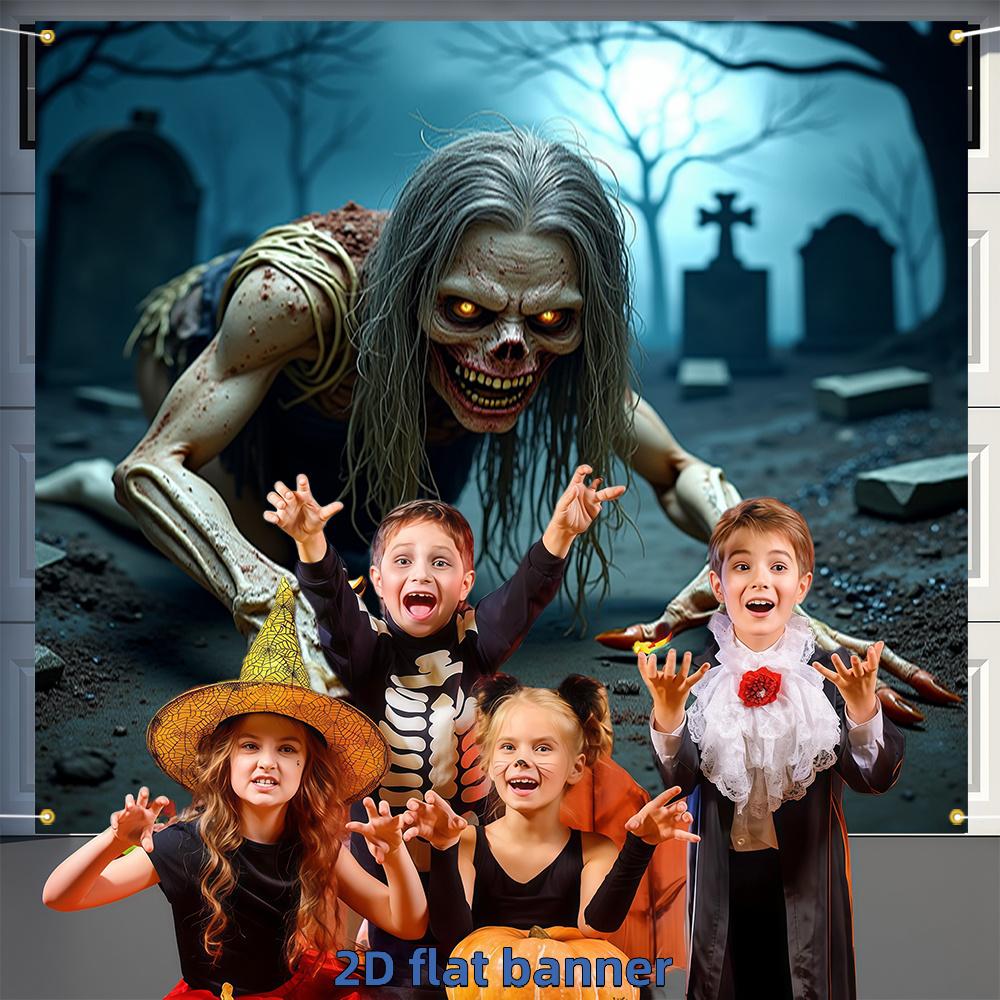 2D flat banner Halloween Happy Garage Door Banner zombies long hair sharp claws blood mouth