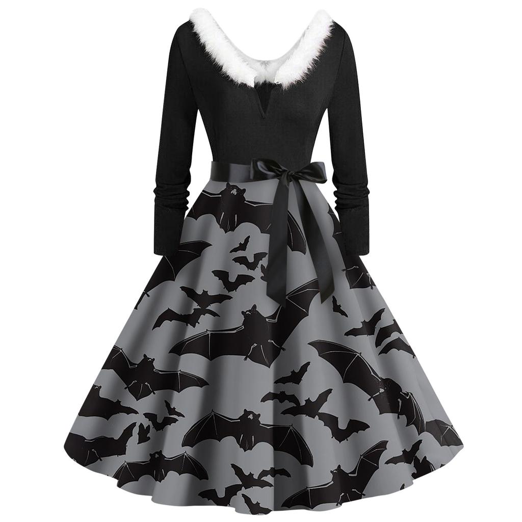 Женские повседневные модные платья с длинными рукавами и v-образным вырезом с принтом на Хэллоуин