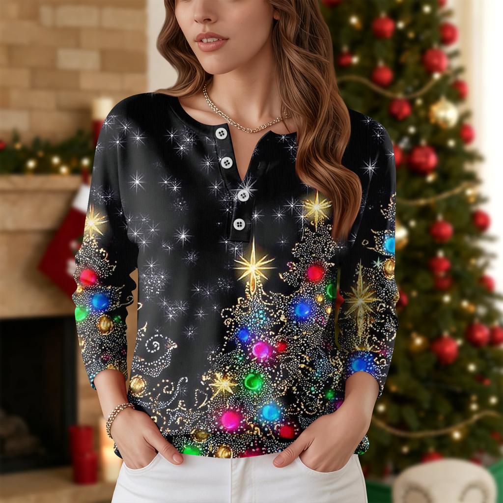 Women's Fashion Long Sleeve Christmas Snowflake Print Top Elegant Casual Top