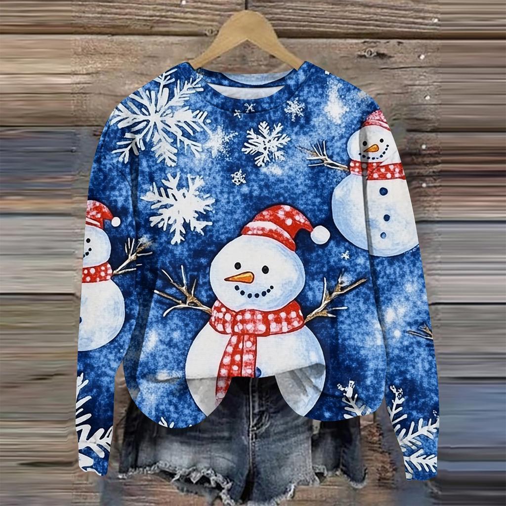 Женская мода круглый вырез пуловер длинный рукав футболка рождественский принт топ