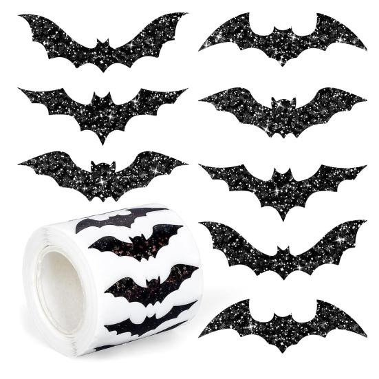 500 Pcs Halloween Bat Sticker Rolls Sparkly Pink Black Bat Decals Reusable Laptop Stickers for Coloring Book Scrapbook Envelope Journal Decor