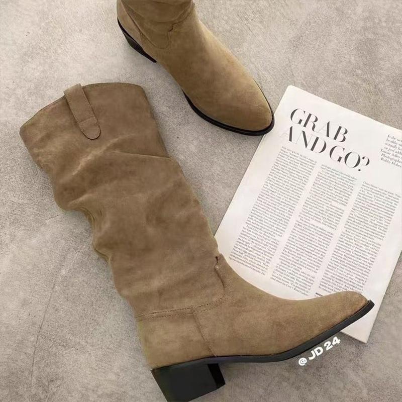 Заостренный носок женские высокие сапоги замшевые зимние туфли на среднем каблуке дизайнерская обувь 2025 тренд массивные туфли-лодочки до колена классические челси Botas Mujer