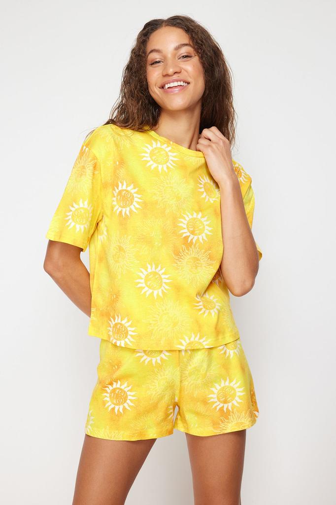 Women's Fashion New Pajama Set Yellow 100% Cotton Sun Patterned Knitted Pajama Set