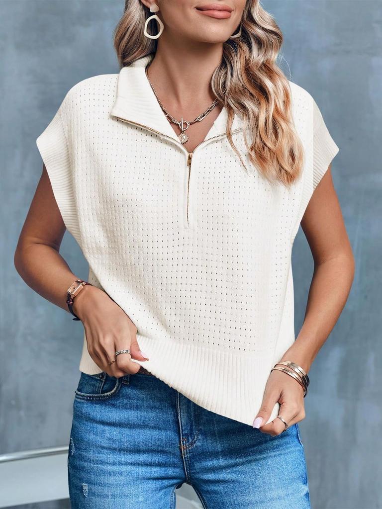 Women's Half Zip Cropped Knit Top Cap Sleeve Lightweight Oversized Sweater Vest
