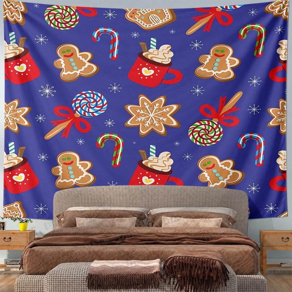 Blue Hot Cocoa Gingerbread Tapestry Wall Hanging Christmas Drink Decor for Bedroom Living Room Winter Gift